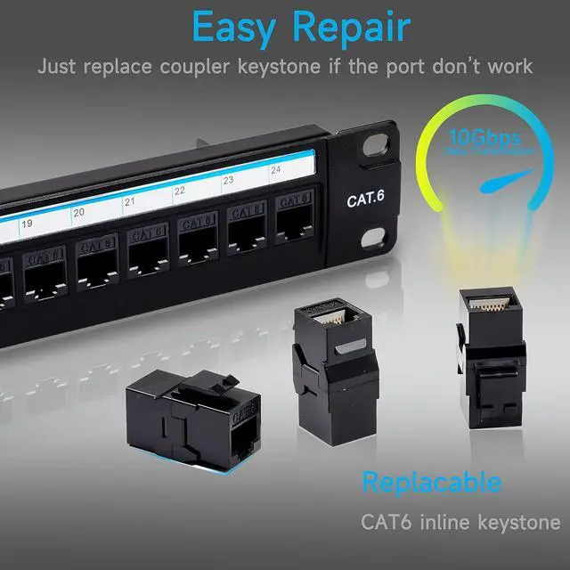Alt view image 4 of 7 - 24 Port RJ45 Patch Panel Cat6 Feed Through, Coupler Network Patch Panel 19 Inch, Inline Keystone Ethernet Patch Panel with Back Bar