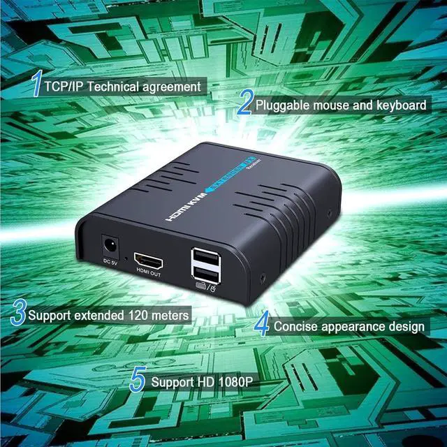 Alt view image 7 of 7 - USB HDMI KVM Extender Over Single Cat 5/5E/6/7 Ethernet Cable- Signal Extension Up to 120m/365Ft- USB Keyboard Mouse Support- Adapter for Residential/Commercial Use