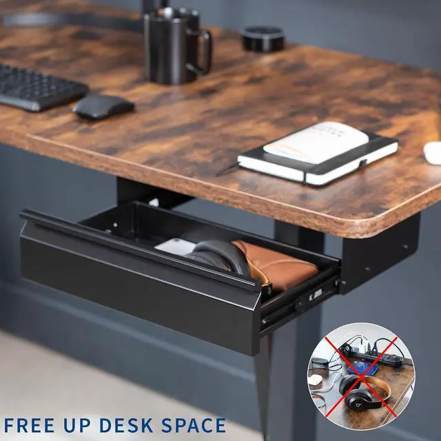 Alt view image 5 of 7 - 16 inch Under Desk Mounted Sliding Pull-out Drawer with Built-in Power Strip for Office Desk, Storage Organizer for Sit Stand Workstation, Black, DESK-DR16-BP