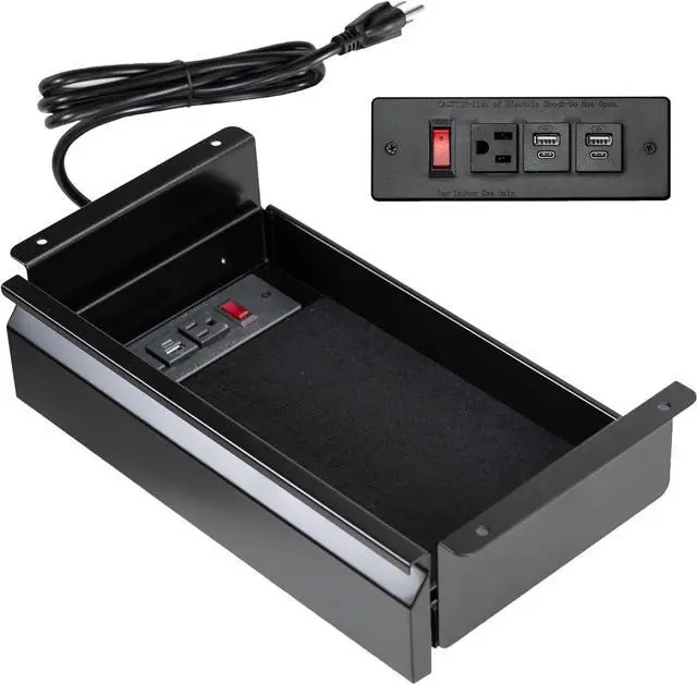 Main image of 16 inch Under Desk Mounted Sliding Pull-out Drawer with Built-in Power Strip for Office Desk, Storage Organizer for Sit Stand Workstation, Black, DESK-DR16-BP
