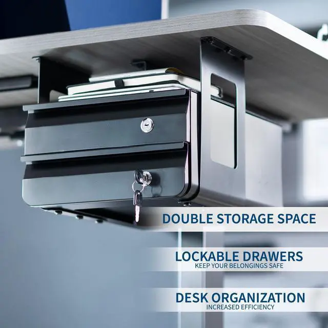 Alt view image 2 of 7 - Black Under Desk Lockable Pull Out Storage Drawers, Workspace Organizer