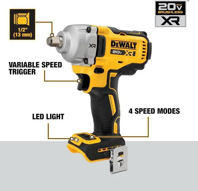 Alt view image 3 of 7 - 20V MAX Cordless Impact Wrench, 1/2" Hog Ring, Includes LED Work Light and Belt Clip, Bare Tool Only (DCF891B)