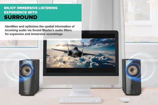 Alt view image 5 of 7 - T60 2.0 Compact Hi-Fi Desktop Speakers with Clear Dialog and Surround by Sound Blaster, USB-C Audio, Mic and Headset Ports, Bluetooth 5.0, Up to 60W Peak Power, for Computers and Laptops