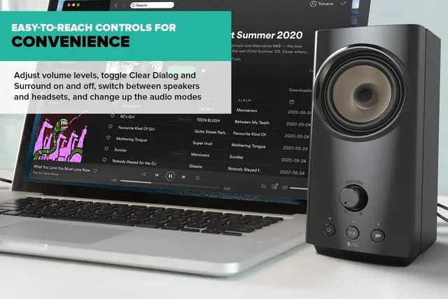 Alt view image 4 of 7 - T60 2.0 Compact Hi-Fi Desktop Speakers with Clear Dialog and Surround by Sound Blaster, USB-C Audio, Mic and Headset Ports, Bluetooth 5.0, Up to 60W Peak Power, for Computers and Laptops