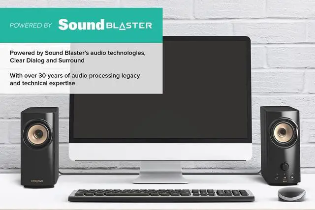 Alt view image 7 of 7 - T60 2.0 Compact Hi-Fi Desktop Speakers with Clear Dialog and Surround by Sound Blaster, USB-C Audio, Mic and Headset Ports, Bluetooth 5.0, Up to 60W Peak Power, for Computers and Laptops