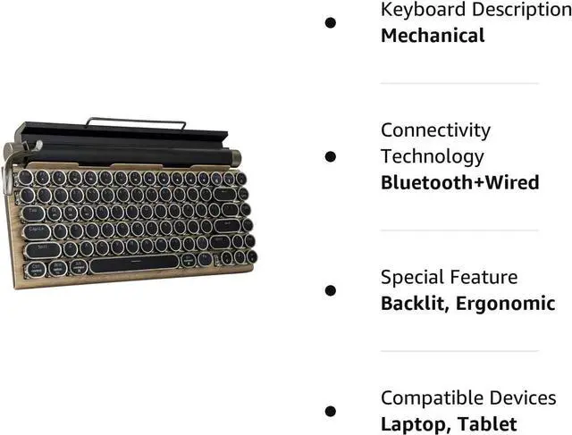 Alt view image 5 of 7 - Typewriter-Style Retro Mechanical Keyboard LED Backlight 83 Keys Bluetooth 5.0 Blue Axis Wood Color Panel Compatible with iOS/Android/Windows/Vista/Linux/Mac Office/Gaming, 12.8x6.6x1.6in