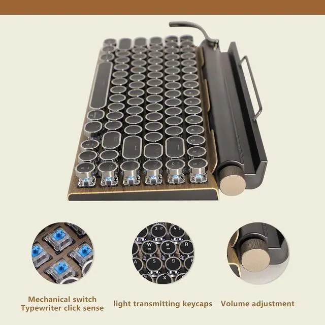 Alt view image 3 of 7 - Typewriter-Style Retro Mechanical Keyboard LED Backlight 83 Keys Bluetooth 5.0 Blue Axis Wood Color Panel Compatible with iOS/Android/Windows/Vista/Linux/Mac Office/Gaming, 12.8x6.6x1.6in