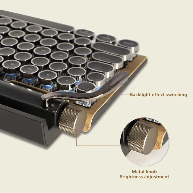 Alt view image 2 of 7 - Typewriter-Style Retro Mechanical Keyboard LED Backlight 83 Keys Bluetooth 5.0 Blue Axis Wood Color Panel Compatible with iOS/Android/Windows/Vista/Linux/Mac Office/Gaming, 12.8x6.6x1.6in