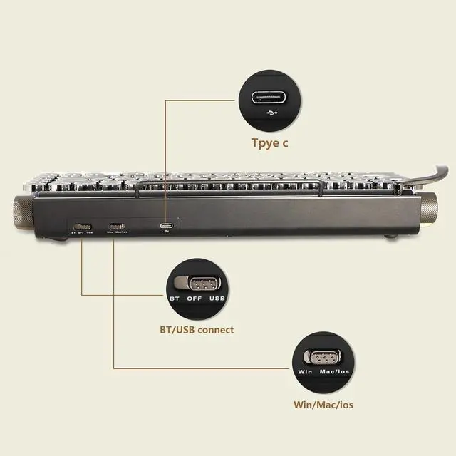 Alt view image 6 of 7 - Typewriter-Style Retro Mechanical Keyboard LED Backlight 83 Keys Bluetooth 5.0 Blue Axis Wood Color Panel Compatible with iOS/Android/Windows/Vista/Linux/Mac Office/Gaming, 12.8x6.6x1.6in