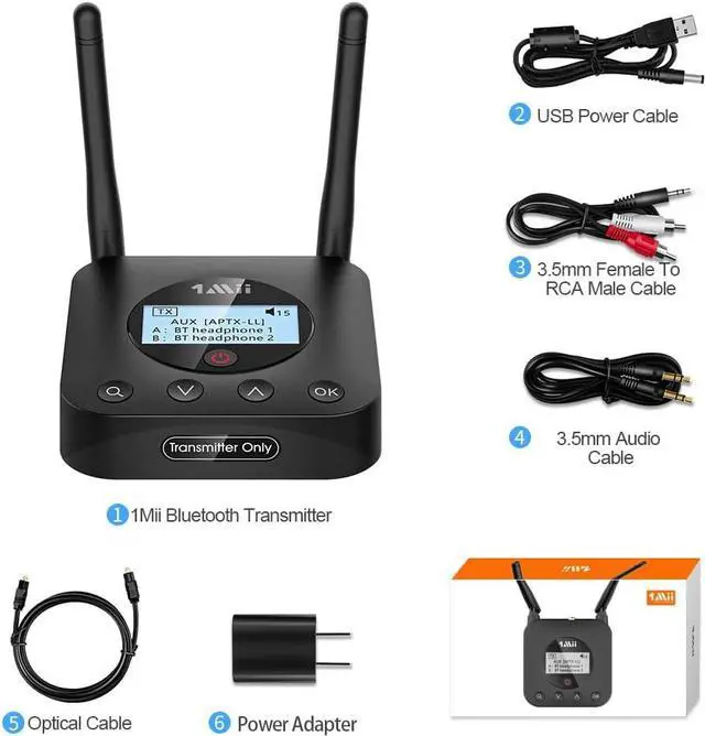Alt view image 2 of 7 - B06TX+ Long Range Bluetooth 5.2 Transmitter for TV/PC/Projector to 2 Wireless Headphones/Speakers, Bluetooth Adapter for TV w/Screen Display Plug n Play, aptX Low Latency & HD Audio