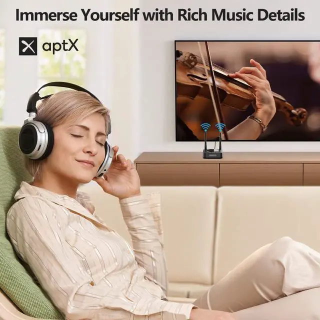 Alt view image 4 of 7 - B06TX+ Long Range Bluetooth 5.2 Transmitter for TV/PC/Projector to 2 Wireless Headphones/Speakers, Bluetooth Adapter for TV w/Screen Display Plug n Play, aptX Low Latency & HD Audio