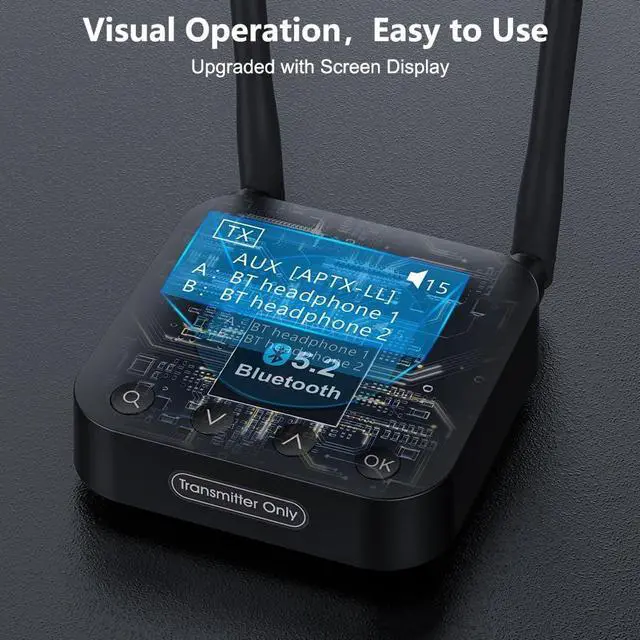 Alt view image 7 of 7 - B06TX+ Long Range Bluetooth 5.2 Transmitter for TV/PC/Projector to 2 Wireless Headphones/Speakers, Bluetooth Adapter for TV w/Screen Display Plug n Play, aptX Low Latency & HD Audio