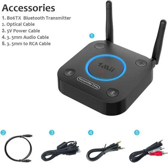 Alt view image 2 of 7 - B06TX Bluetooth 5.2 Transmitter for TV to Wireless Headphone/Speaker, Bluetooth Adapter for TV w/Volume Control, AUX/RCA/Optical/Coaxial Audio Inputs, Plug n Play, aptX Low Latency & HD