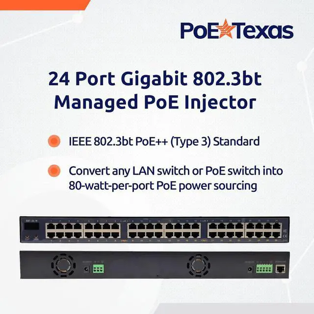 Alt view image 2 of 6 - PoE Texas - 24 Port 802.3bt Managed PoE Injector - Network Power over Ethernet Gigabit Injector PoE Adapter with App & Web Control - 80 Watts Per Port for Smart Lighting, PTZ & NDI Cameras and More