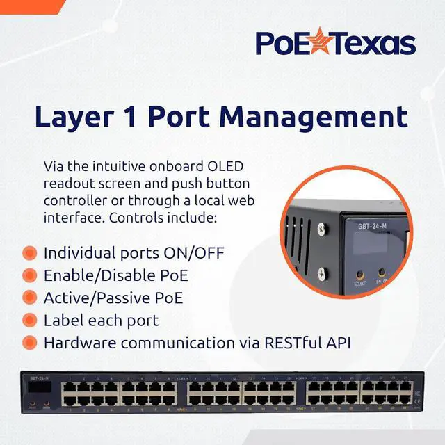 Alt view image 6 of 6 - PoE Texas - 24 Port 802.3bt Managed PoE Injector - Network Power over Ethernet Gigabit Injector PoE Adapter with App & Web Control - 80 Watts Per Port for Smart Lighting, PTZ & NDI Cameras and More