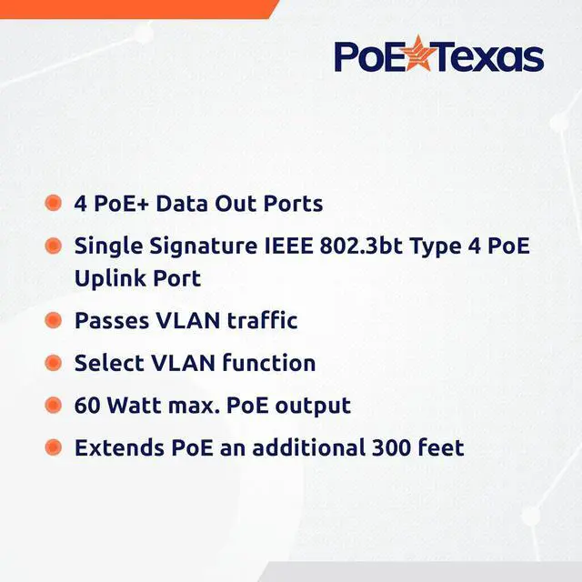 Alt view image 3 of 6 - 4 Port Gigabit PoE Extender with IEEE 802.3bt Uplink - PoE+ Passthrough Switch with VLAN - Extend Range to 600 Ft - 1000 Mbps 4 Port Switch Supports 802.3at/af Network, Security Cameras, VoIP, WiFi AP