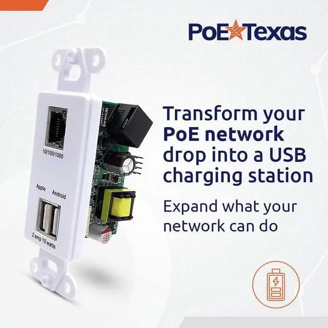 Alt view image 2 of 6 - PoE Texas Gigabit PoE Splitter in-Wall Outlet with Fast 5V USB Charging Port x 2 and RJ45 Data Output for PCs, Laptops, or Any Wired Data Device