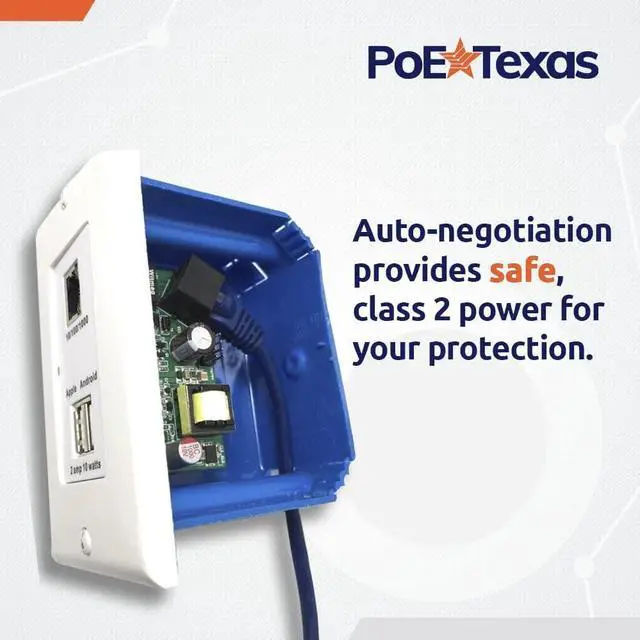 Alt view image 6 of 6 - PoE Texas Gigabit PoE Splitter in-Wall Outlet with Fast 5V USB Charging Port x 2 and RJ45 Data Output for PCs, Laptops, or Any Wired Data Device