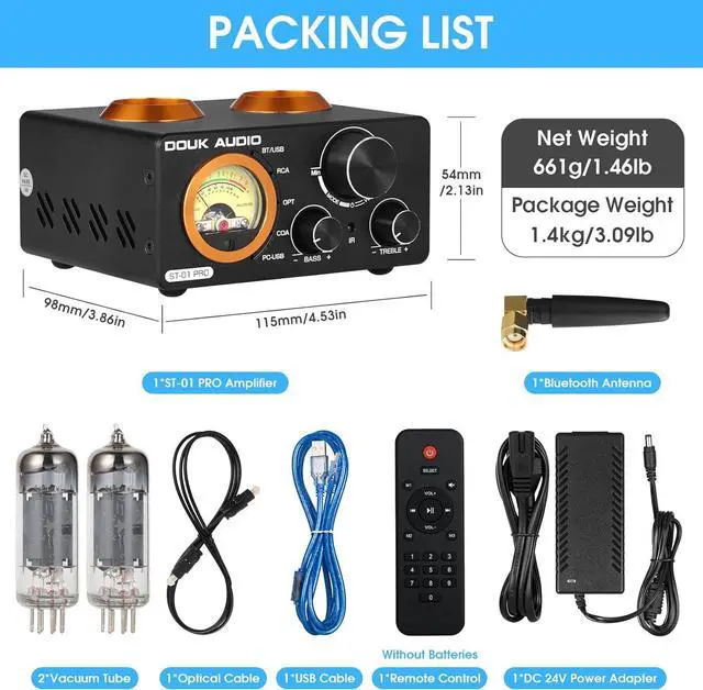 Alt view image 6 of 7 - Audio ST-01 PRO 200W Bluetooth Amplifier, 2 Channel Vacuum Tube Power Amp with USB DAC/Coaxial Optical Inputs/VU Meter/Treble Bass Control for Home Theater/Stereo Speakers (Upgrade Version)