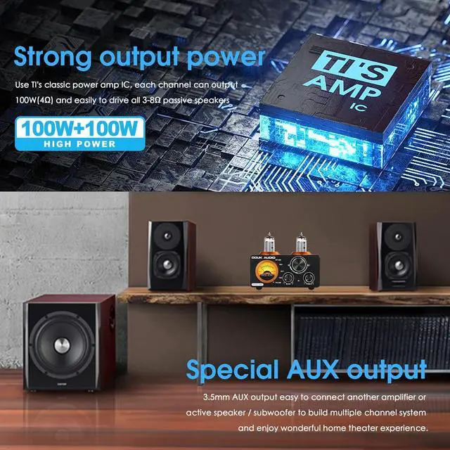 Alt view image 4 of 7 - Audio ST-01 PRO 200W Bluetooth Amplifier, 2 Channel Vacuum Tube Power Amp with USB DAC/Coaxial Optical Inputs/VU Meter/Treble Bass Control for Home Theater/Stereo Speakers (Upgrade Version)