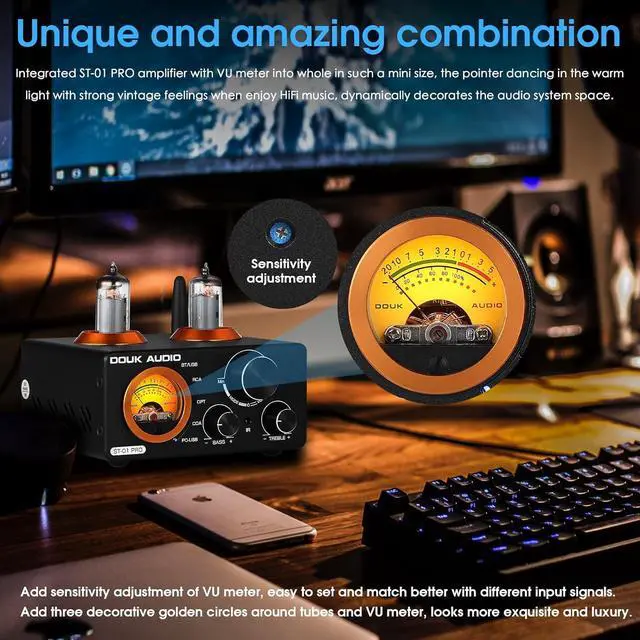 Alt view image 2 of 7 - Audio ST-01 PRO 200W Bluetooth Amplifier, 2 Channel Vacuum Tube Power Amp with USB DAC/Coaxial Optical Inputs/VU Meter/Treble Bass Control for Home Theater/Stereo Speakers (Upgrade Version)