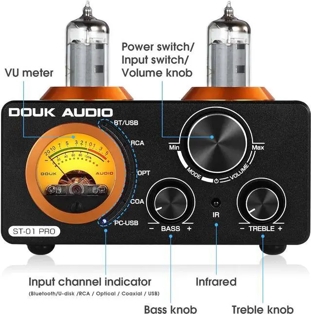 Alt view image 7 of 7 - Audio ST-01 PRO 200W Bluetooth Amplifier, 2 Channel Vacuum Tube Power Amp with USB DAC/Coaxial Optical Inputs/VU Meter/Treble Bass Control for Home Theater/Stereo Speakers (Upgrade Version)
