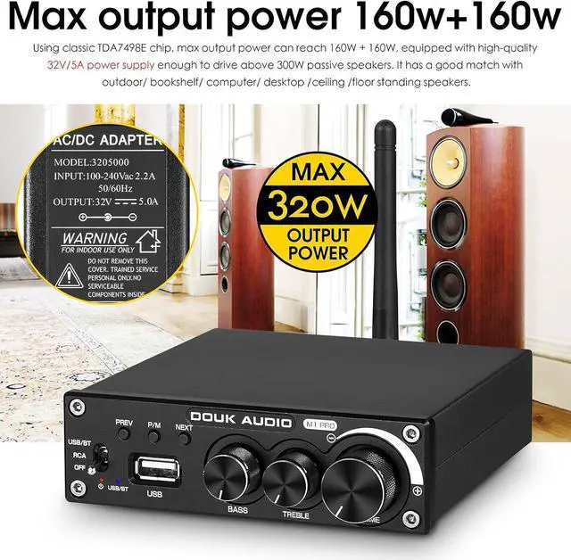 Alt view image 4 of 7 - Audio M1 PRO 320W Bluetooth Power Amplifier, 2 Channel Audio Amp, Wireless Receiver, for Home Stereo Speakers/Active Subwoofer, with Treble & Bass Control/U-Disk Music Player