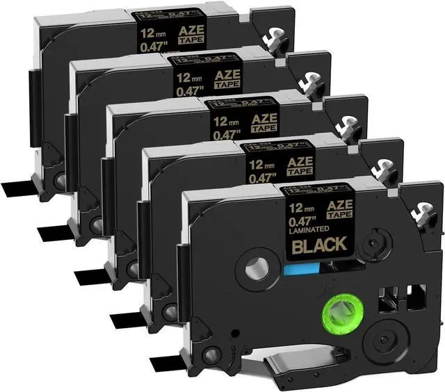 Main image of 5 Pack Tape for Br other P-Touch TZe Label Maker 12mm GOLD Ink on Laminated BLACK