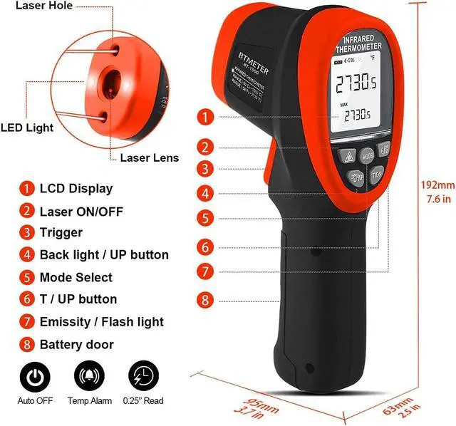 Alt view image 6 of 7 - BT-1500 Pyrometer 30:1 Industrial Laser Thermometer Gun, -58 to 2732 Non Contact High Temp Infrared Thermometer Digital IR Temperature Gauge Orange(NOT for Human Temp Test)