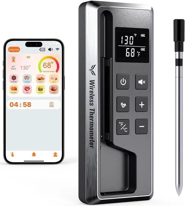 Main image of Meat Thermometer Digital Wireless, 800FT Long Range Bluetooth Cooking Thermometer, Food Thermometer for Remote Monitoring of Grill, Oven, Smoker, Air Fryer, Rotisserie, iOS & Android App