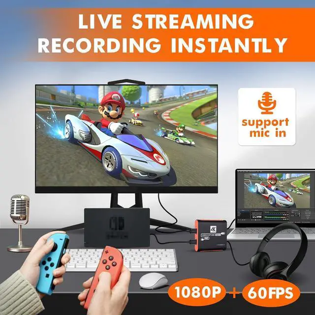 Alt view image 2 of 6 - Capture Card for Nintendo Switch with 4K Pass-Through, USB3.0 1080P 60FPS HDMI Video Cam Link Game Capture for Streaming, Work with Xbox PS4 PS5 PC DSLR for OBS Twitch Live Broadcasting and Recording