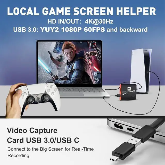 Alt view image 2 of 7 - HDMI USB3.0 Capture Card with 4K Pass-Through,1080P 60FPS Audio Video USB-C Capture Card for Windows/Mac Twitch/YouTube/Tiktok Game Live Streaming and Recording for Nintendo Switch,PS5/PS4,Xbox,DSLR