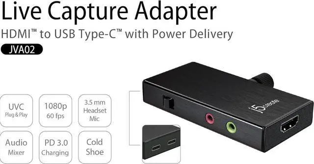 Alt view image 2 of 7 - Live Video Capture Card JVA02- HDMI to USB-C, Supports 1080p 60FPS Video and Audio Recording, Power Delivery 60W Pass Through, Ideal for PC Xbox Playstation Android Game Live Streaming