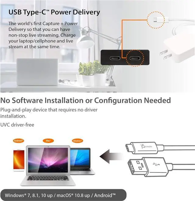 Alt view image 7 of 7 - Live Video Capture Card JVA02- HDMI to USB-C, Supports 1080p 60FPS Video and Audio Recording, Power Delivery 60W Pass Through, Ideal for PC Xbox Playstation Android Game Live Streaming