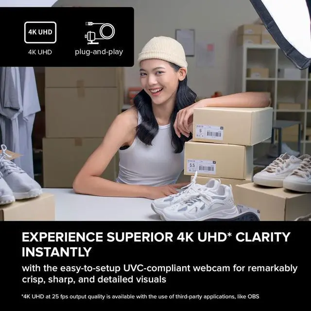 Alt view image 4 of 6 - Cam Sync 4K UHD USB Webcam with Backlight Compensation, Up to 40 FPS, 95° Wide-Angle Lens, Privacy Lens, Built-in Mics, Plug & Play for PC and Mac