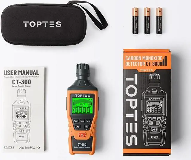 Alt view image 6 of 6 - CT-300 Portable Carbon Monoxide Detector, CO Detector with Audible & Visual Alarm, 0-5000PPM, CO Alarm, Backlit LCD Screen, for Home, Car, Camping& Travel (Includes Battery x3)