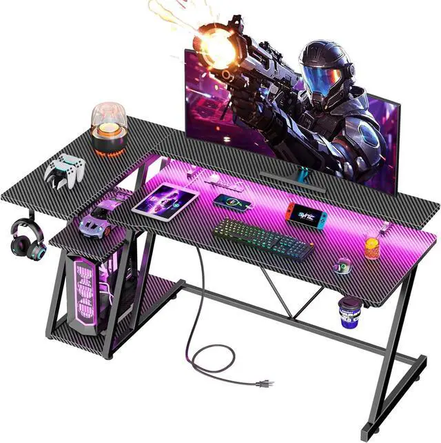Main image of 47" Inch Gaming Desk with Power Outlet & LED Lights, L Shaped Gamer Computer Table with Storage Shelves for Bedroom, Corner Home Office Desk, Carbon Fiber Black