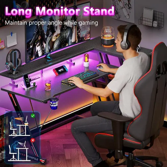 Alt view image 7 of 7 - 47" Inch Gaming Desk with Power Outlet & LED Lights, L Shaped Gamer Computer Table with Storage Shelves for Bedroom, Corner Home Office Desk, Carbon Fiber Black