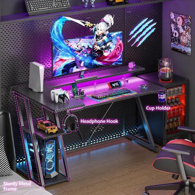 Alt view image 6 of 7 - 47" Inch Gaming Desk with Power Outlet & LED Lights, L Shaped Gamer Computer Table with Storage Shelves for Bedroom, Corner Home Office Desk, Carbon Fiber Black