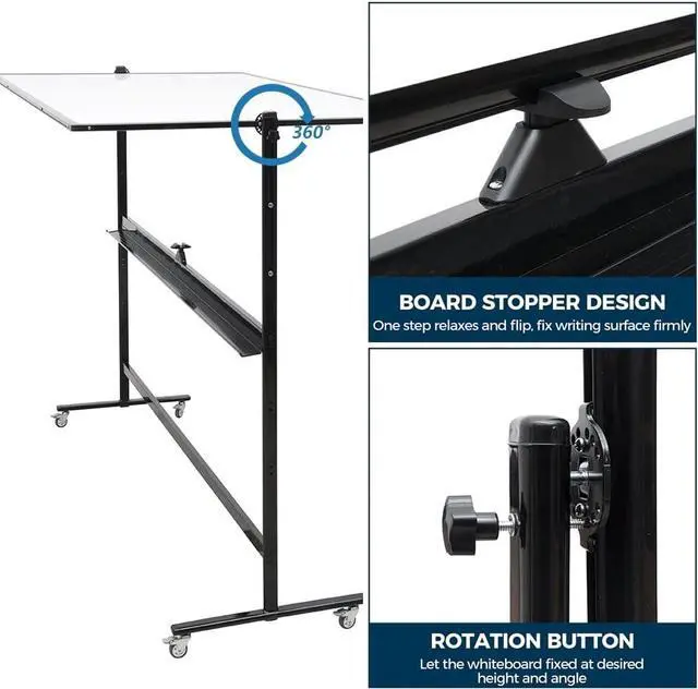 Alt view image 3 of 6 - 72" x 48" Double-Sided Mobile Whiteboard with Stand, Extra Large Rolling Magnetic Dry Erase Board, Reversible Black Frame Whiteboard for Office, Classroom, Heavy-Duty Presentation Easel