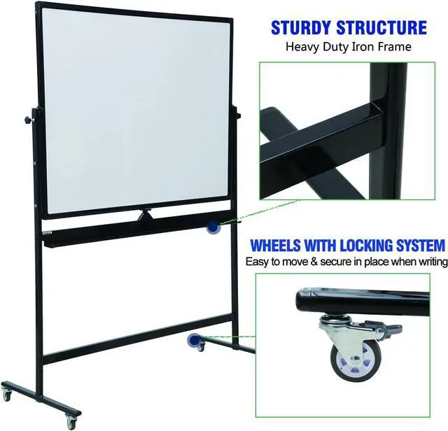 Alt view image 4 of 6 - 72" x 48" Double-Sided Mobile Whiteboard with Stand, Extra Large Rolling Magnetic Dry Erase Board, Reversible Black Frame Whiteboard for Office, Classroom, Heavy-Duty Presentation Easel