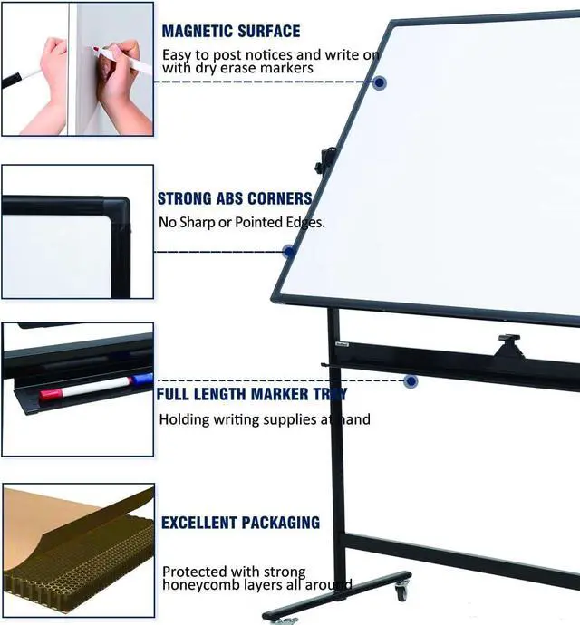 Alt view image 5 of 6 - 72" x 48" Double-Sided Mobile Whiteboard with Stand, Extra Large Rolling Magnetic Dry Erase Board, Reversible Black Frame Whiteboard for Office, Classroom, Heavy-Duty Presentation Easel