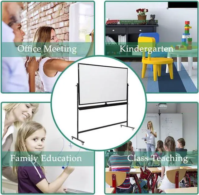 Alt view image 6 of 6 - 72" x 48" Double-Sided Mobile Whiteboard with Stand, Extra Large Rolling Magnetic Dry Erase Board, Reversible Black Frame Whiteboard for Office, Classroom, Heavy-Duty Presentation Easel