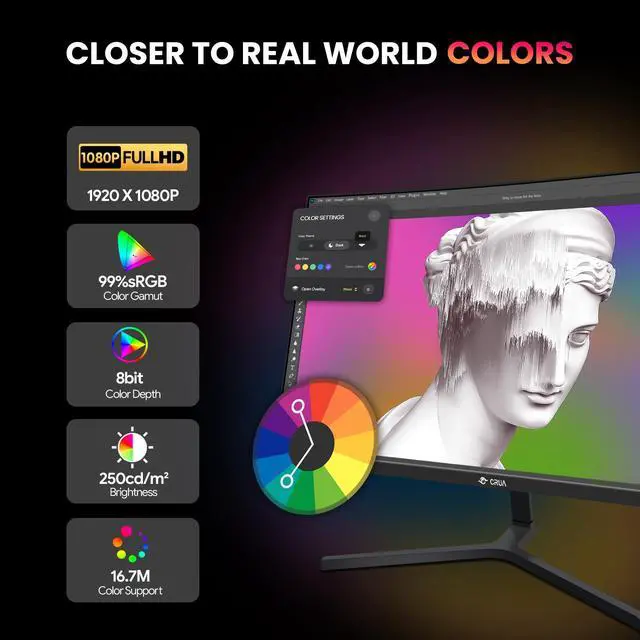 Alt view image 3 of 12 - CRUA 24 Inch 144hz/180hz Curved Gaming Monitor, FHD 1080P 2800R Frameless Computer Monitors, Support AMD freesync Low Motion Blur, Eye Care, DisplayPort, HDMI, Compatible Wall Mountable Installs-Black
