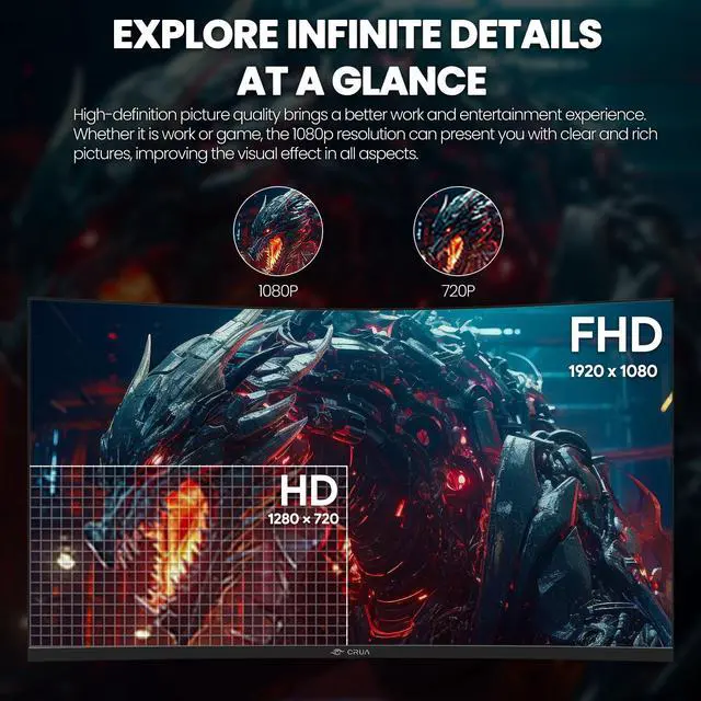 Alt view image 6 of 7 - CRUA 32" Curved Gaming Monitor, 144Hz/180Hz Display, FHD(1920*1080P) VA Screen, 1800R, 100%sRGB, Computer Monitor that Support AMD Freesync, HDMI/Displayport, Wall Mountable Installs-Black