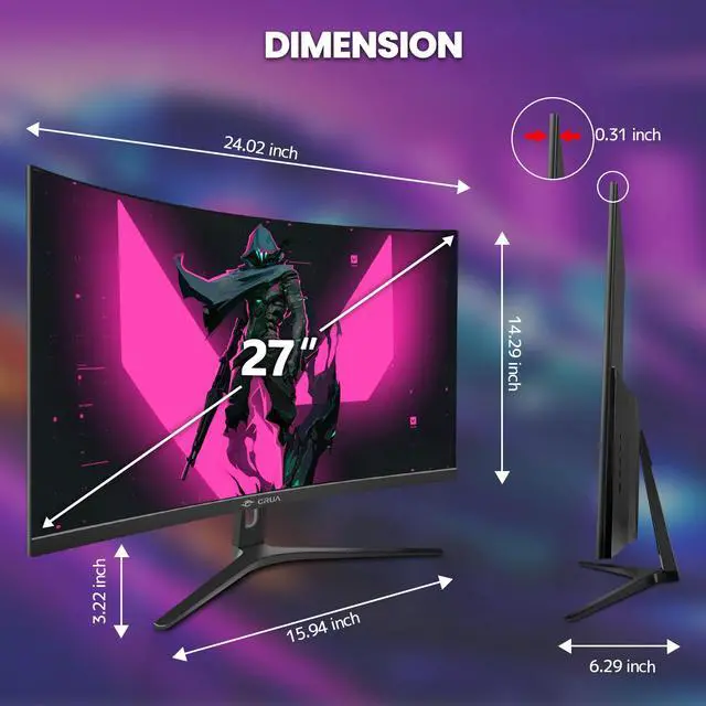 Alt view image 6 of 7 - CRUA 27 280Hz Curved Gaming Monitor  1080P FHD, 1800R VA Panel, 120% sRGB, FreeSync, Low Blue Light, HDMI & DP, Wall Mountable  Black