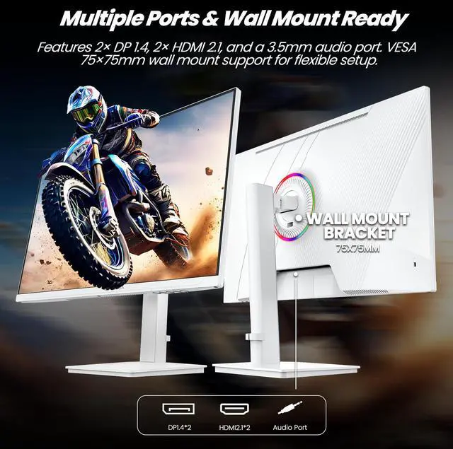 Alt view image 6 of 14 - CRUA 27 4K UHD Gaming Monitor  144Hz IPS Panel, 120% sRGB Wide Color, FreeSync, Height/Pivot/Rotate/Tilt Adjustable, Eye-Care Blue Light Filter, Built-in Speakers, HDMI & DP, VESA Mount ReadyWhite