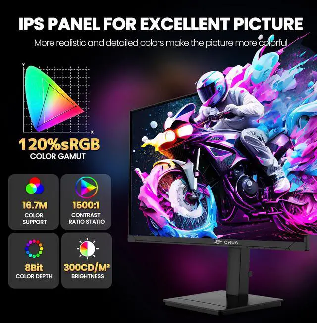 Alt view image 4 of 14 - CRUA 27 4K UHD IPS Gaming & Design Monitor  Dual Mode 4K 144Hz or FHD 300Hz, 120% sRGB Wide Color, FreeSync, Vertical/Rotating Stand, HDMI 2.1 & DP 1.4, Built-in Speakers, VESA Mount  Black