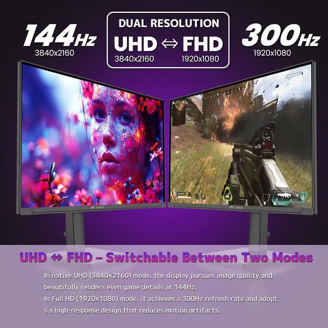 Alt view image 5 of 14 - CRUA 27 4K UHD IPS Gaming & Design Monitor  Dual Mode 4K 144Hz or FHD 300Hz, 120% sRGB Wide Color, FreeSync, Vertical/Rotating Stand, HDMI 2.1 & DP 1.4, Built-in Speakers, VESA Mount  Black