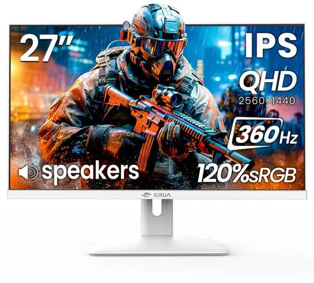 Main image of CRUA 27 Inch Gaming Monitor 360HZ, 2K QHD 2560x1440 IPS Panel White Computer Monitors with Built in Speakers, Support AMD FreeSync, 120% sRGB, Blue Light Filter, DP1.4 & HDMI2.1, Wall Mountable